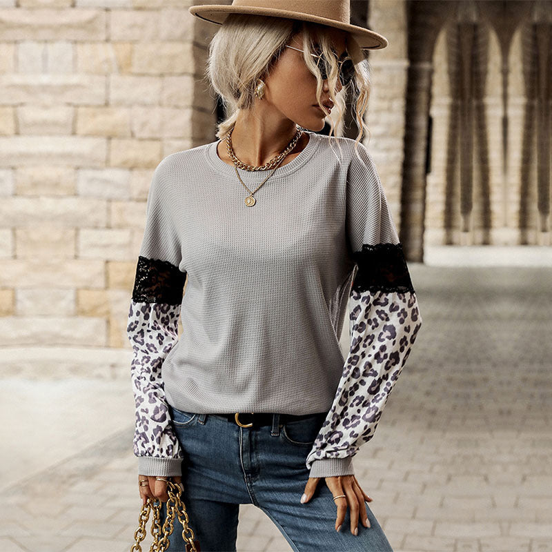 Damen Pullover mit floralem Muster und Leopardenärmeln Norvielle - Norvielle