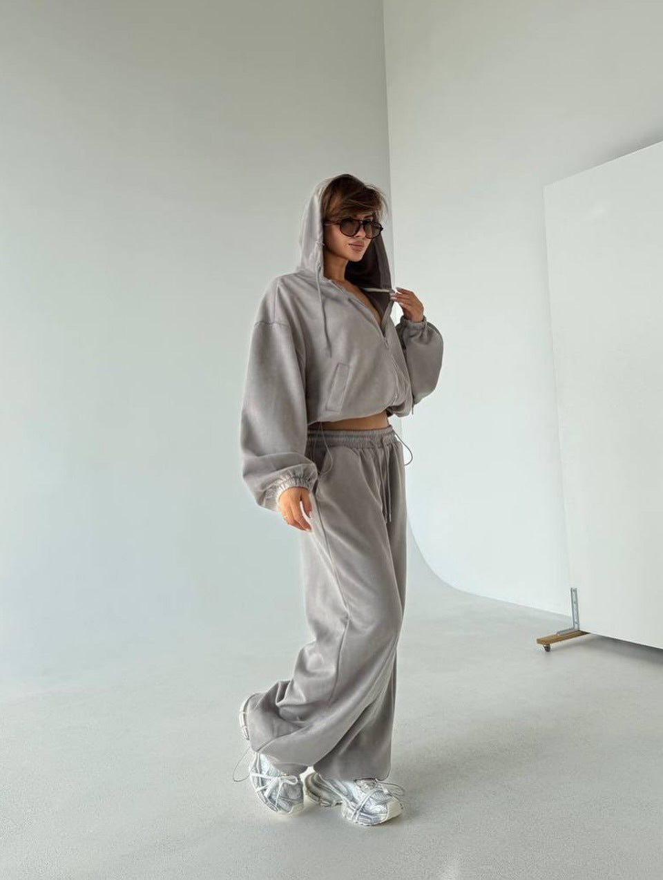 Damen Velours Jogginganzug Set Kapuze Weite Passform