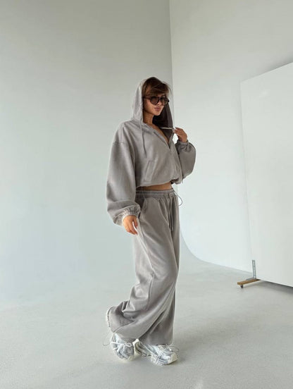 Damen Velours Jogginganzug Set Kapuze Weite Passform