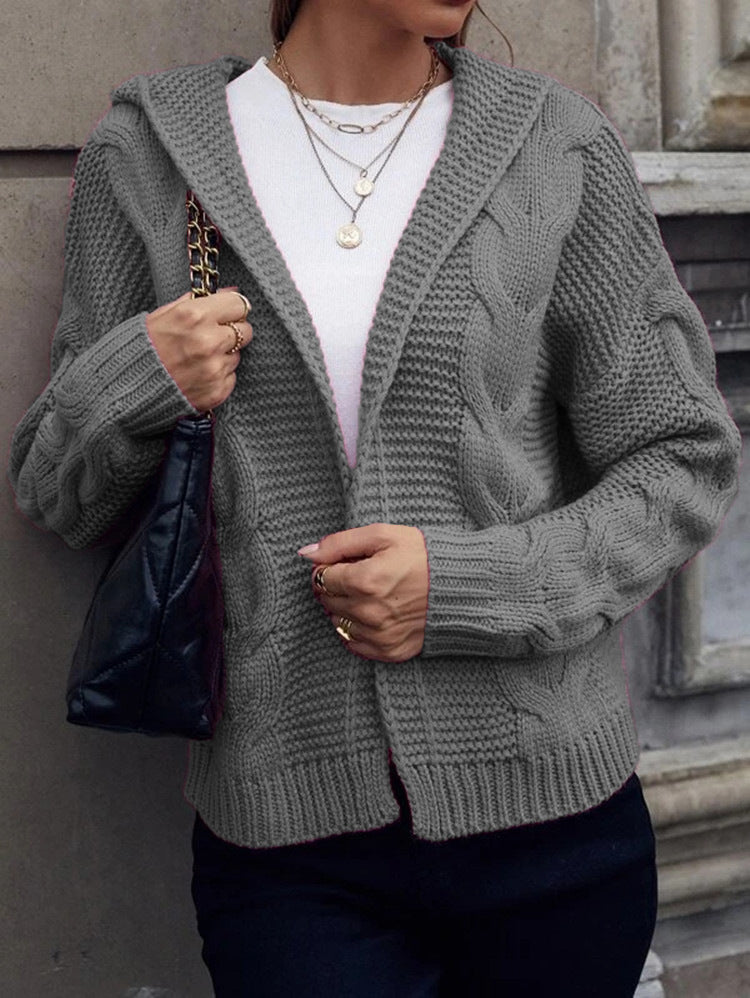 Damen Grobstrick-Cardigan mit Kapuze und Zopfmuster
