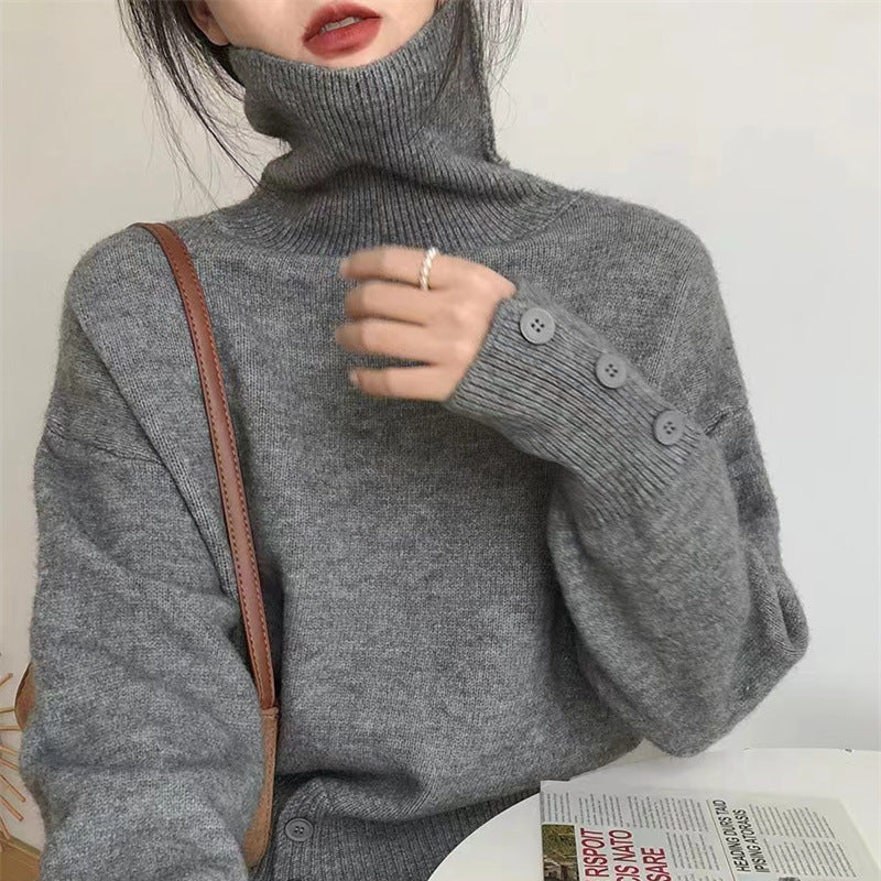 Damen Rollkragenpullover Kuschelfleece Knöpfe Beige