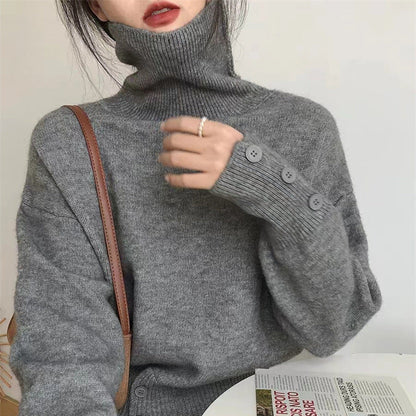Damen Rollkragenpullover Kuschelfleece Knöpfe Beige