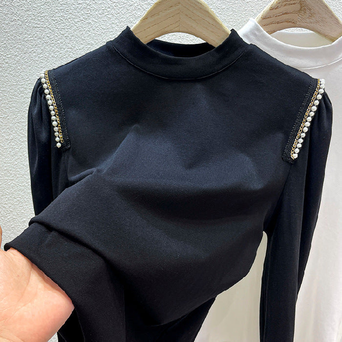 Damen Elegantes Longsleeve Oberteil mit Perlenapplikationen