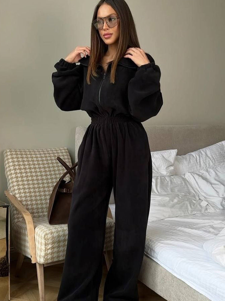Damen Fleece-Jogginganzug Elastischer Bund Halb-Reißverschluss