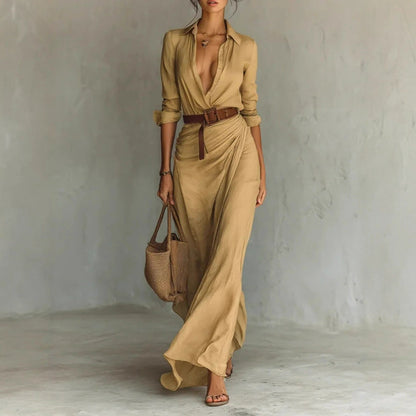 Damen Maxikleid Klassischer Hemdkragen Seiten-Schärpe Norvielle - Norvielle