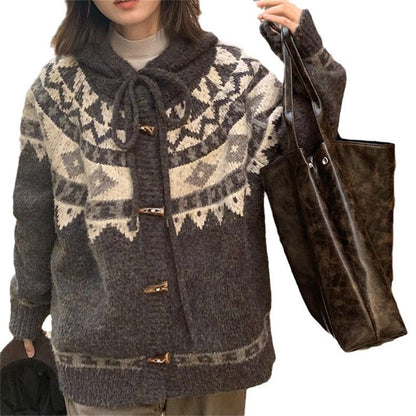 Damen Strickmantel mit Kapuze Traditionelle Muster Beige