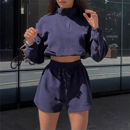 Damen Sportoberteil Cropped Kapuzenpulli mit kurzen Hosen - Norvielle