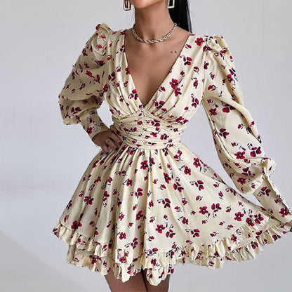 Damen Kleid Kurz Ärmel Blumenmuster