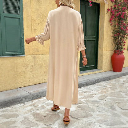 Damen Knielanges Freizeitkleid mit Raffärmeln und Knopfleiste