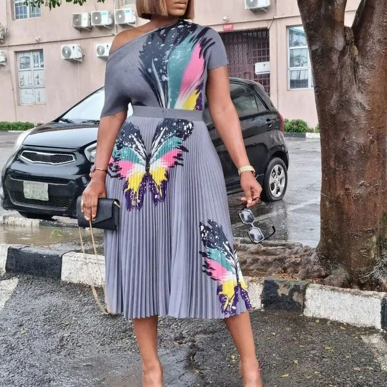 Damen Maxikleid Bunt Schmetterling Plisseefalte