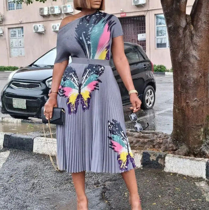 Damen Maxikleid Bunt Schmetterling Plisseefalte