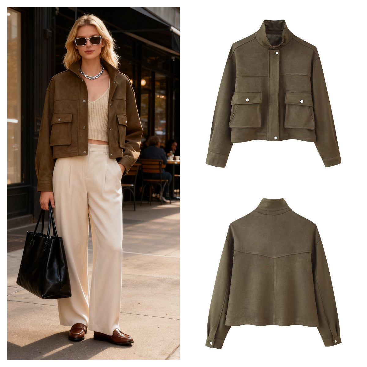 Damen Utility-Jacke Doppelbrusttaschen Hochschließender Kragen - Norvielle