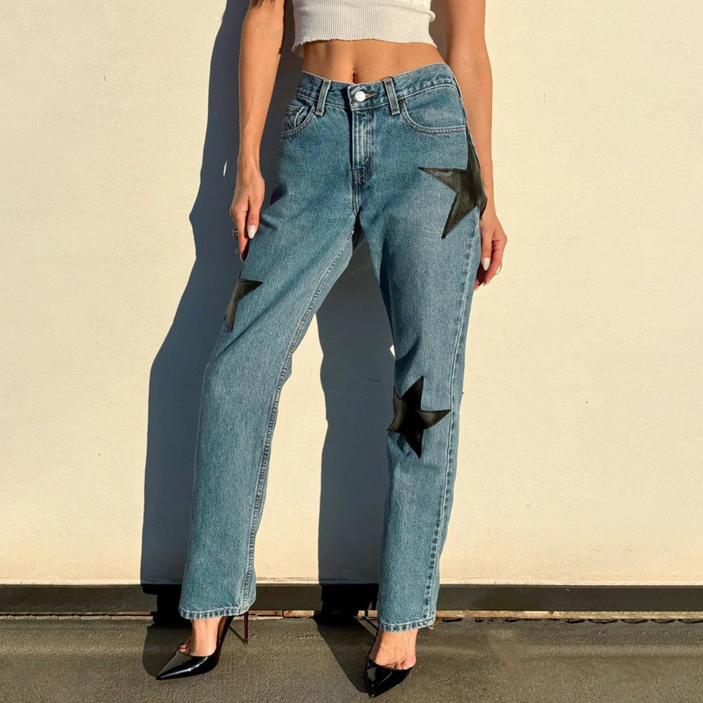 Damen Jeans Mit Sternenapplikationen Blau - Norvielle