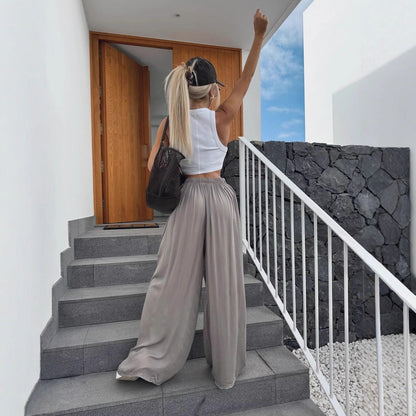 Damen Palazzo-Hose Elastischer Bund Weite Bein Norvielle