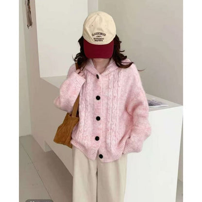 Damen Strickjacke Kapuzenpullover mit Knöpfen Beige