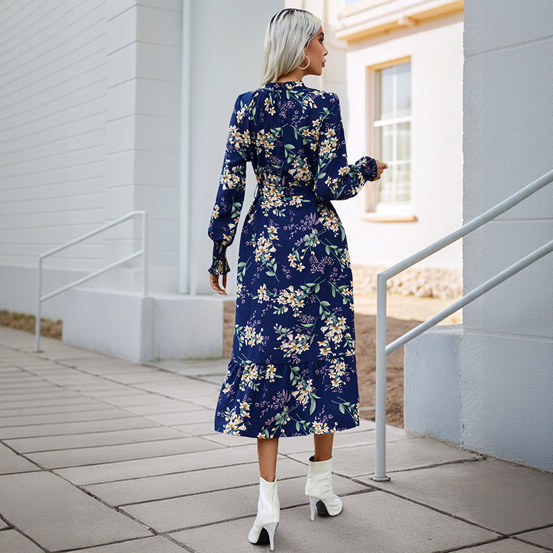 Damen Wickelkleid Midi florale Muster Voluminöse Ärmel
