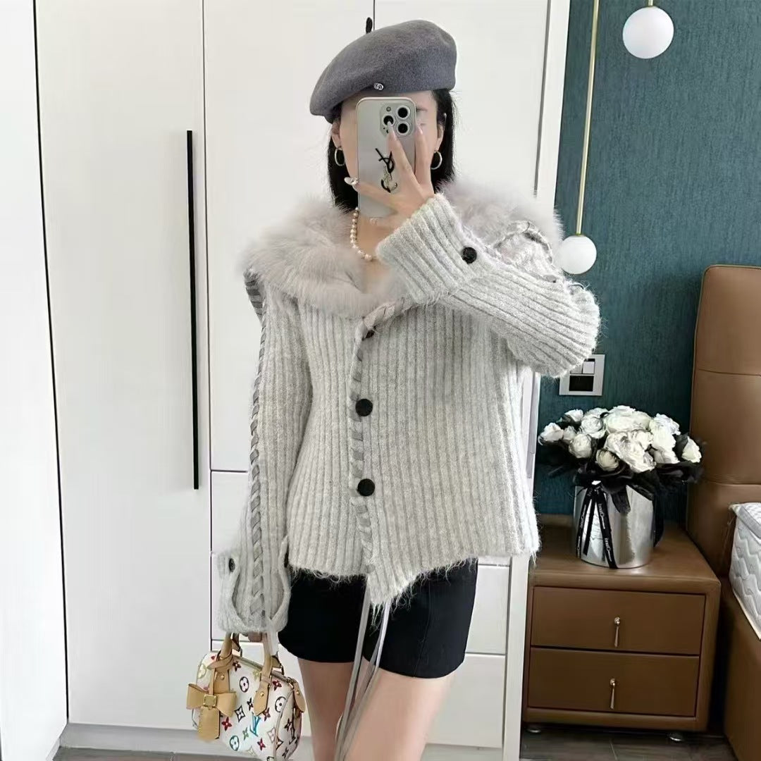 Damen Strickjacke Kapuze Kunstfell Norvielle