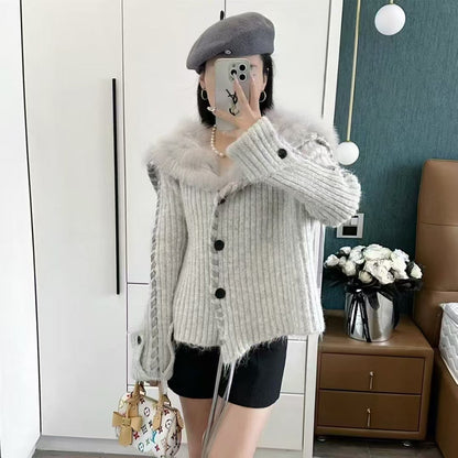 Damen Strickjacke Kapuze Kunstfell Norvielle