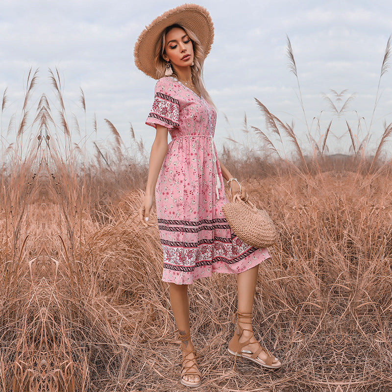 Damen Sommerkleid Boho Floralmuster Verspielte Taille