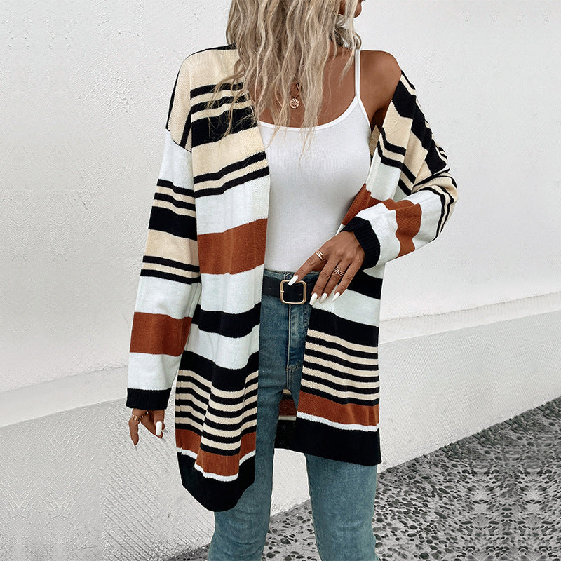 Damen Strickcardigan Lässig Weite Ärmel Streifen Beige - Norvielle