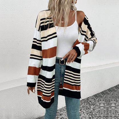 Damen Strickcardigan Lässig Weite Ärmel Streifen Beige - Norvielle