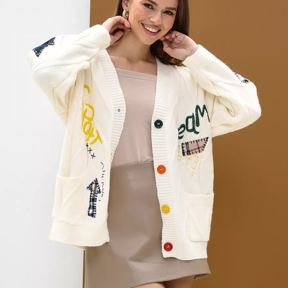 Damen Strickjacke Bunt Applikationen Taschen