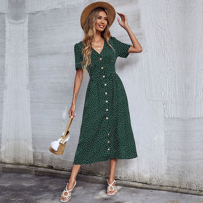 Damen Midi-Kleid Punktmuster Knopfleiste