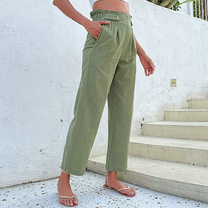Damen Leinenhose Hohe Taille Dekorative Knöpfe Beige