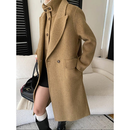 Damen Wollmantel Oversized Doppelter Knopfleiste Schwarz - Norvielle
