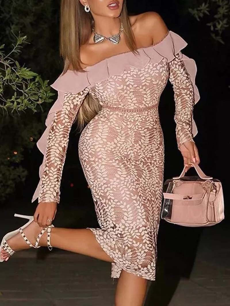 Damen Spitzenkleid Schulterfrei Rüschendetails Norvielle