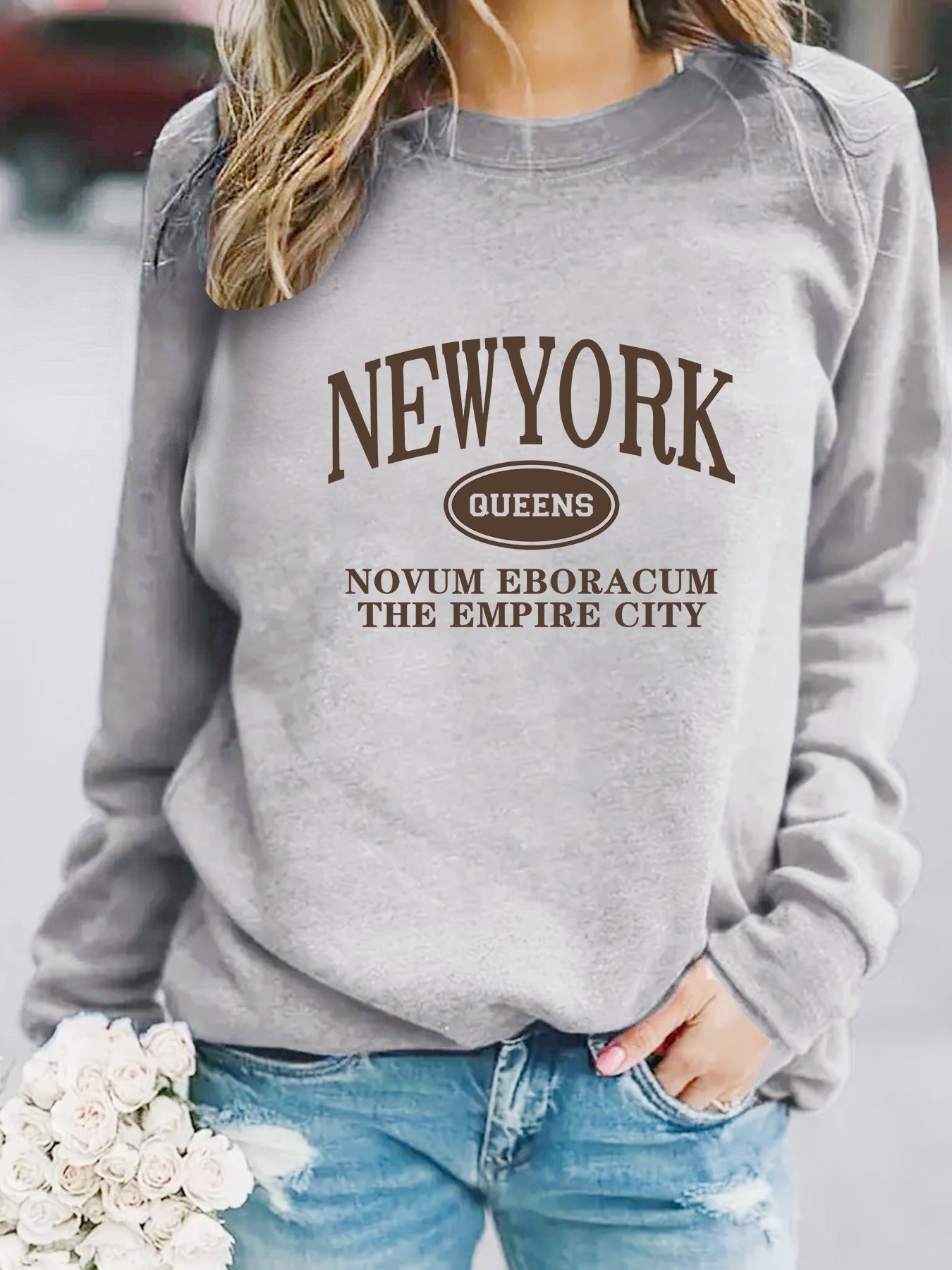 Damen Sweatshirt New Yorker Schriftzug Baumwolle Weiß