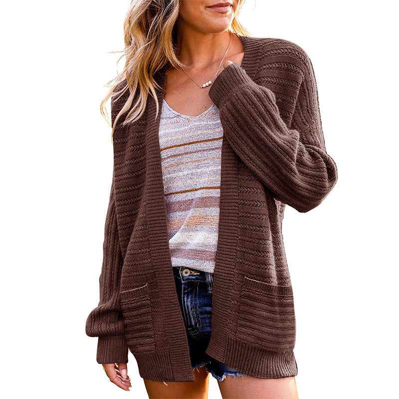 Damen Strickjacke Offen Vorne Strukturiert Beige