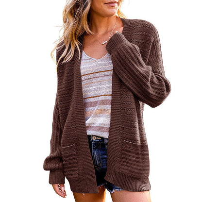 Damen Strickjacke Offen Vorne Strukturiert Beige