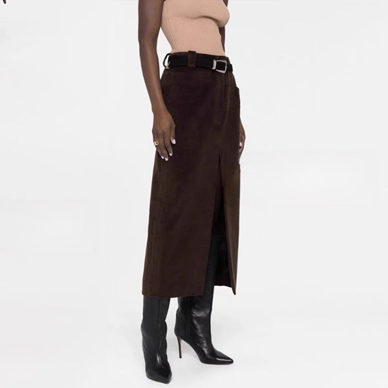 Damen Cordrock Lang Mit Hohem Schlitz Dunkelblau
