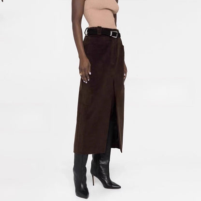 Damen Cordrock Lang Mit Hohem Schlitz Dunkelblau