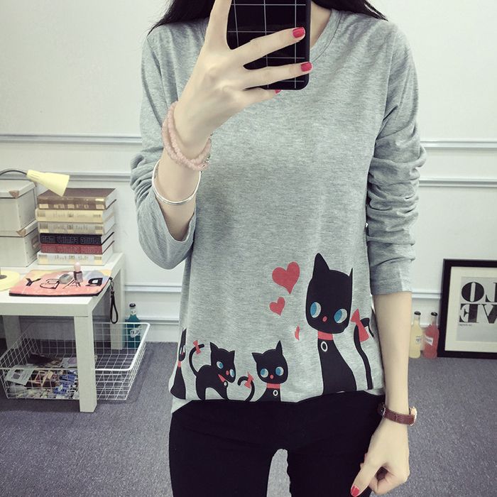 Damen Langarm-T-Shirt Katzenmotiv Baumwolle Weiß