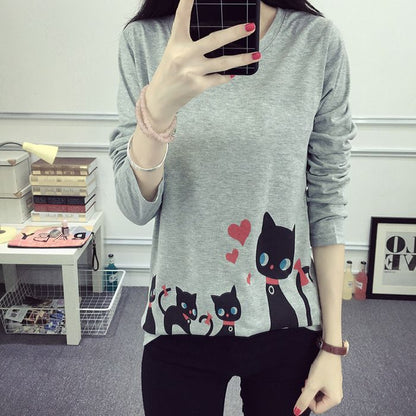 Damen Langarm-T-Shirt Katzenmotiv Baumwolle Weiß