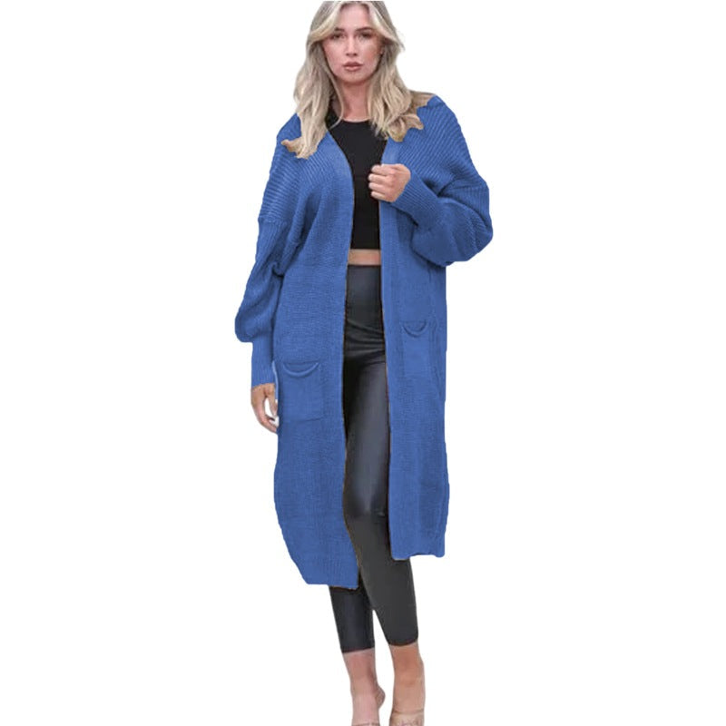 Damen Grobstrick Cardigan Offene Taschen Lässig Beige