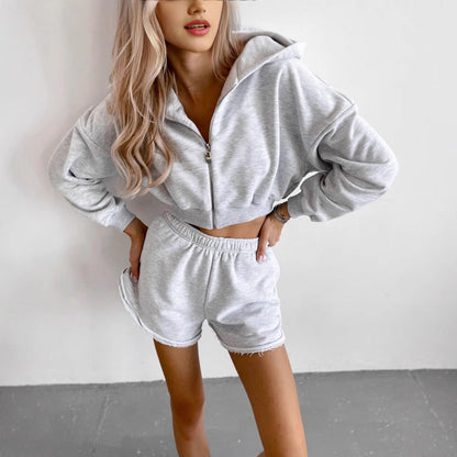 Damen Sport-Loungewear-Set Cropped Hoodie Lässige Shorts