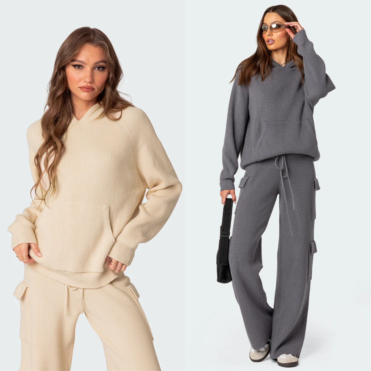 Damen Pullover mit Kapuze Rippstrick Bequem