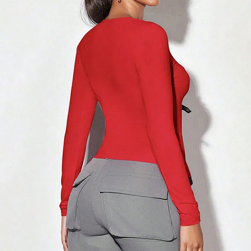 Damen Langarmshirt mit V-Ausschnitt und Schleifen