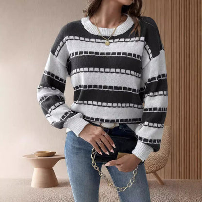Damen Grobstrickpullover Breite Streifen Lässige Ärmel Norvielle - Norvielle