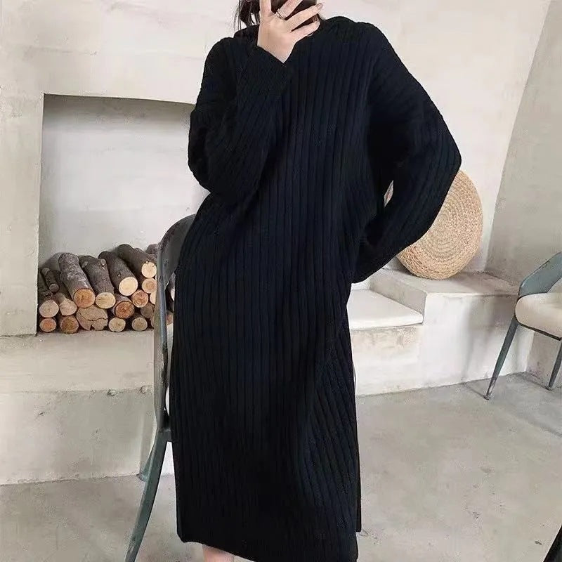 Damen Strickpullover mit Kapuze Rippstruktur Lang Norvielle