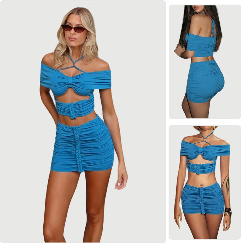 Damen Cropped Oberteil Set Minirock Raffungen Schulterfreies Design - Norvielle