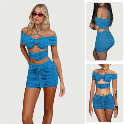 Damen Cropped Oberteil Set Minirock Raffungen Schulterfreies Design - Norvielle