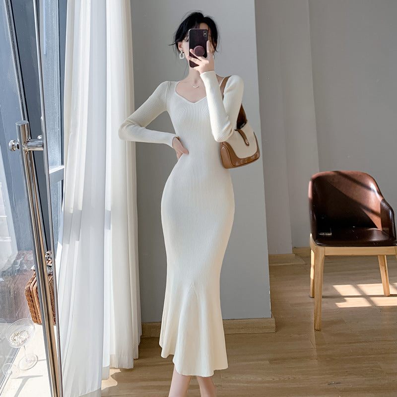 Damen Strickkleid V-Ausschnitt Ausgestellter Saum Norvielle - Norvielle
