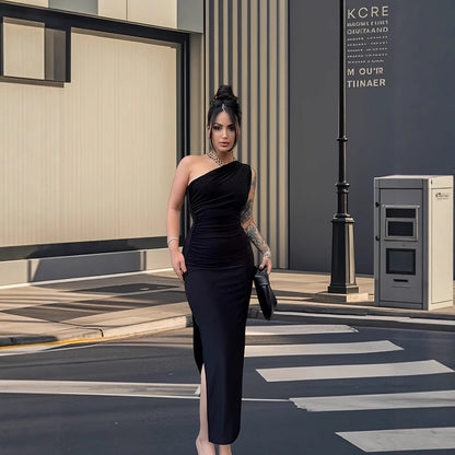 Damen Maxikleid Elegantes One-Shoulder-Design Figurbetont Seiden