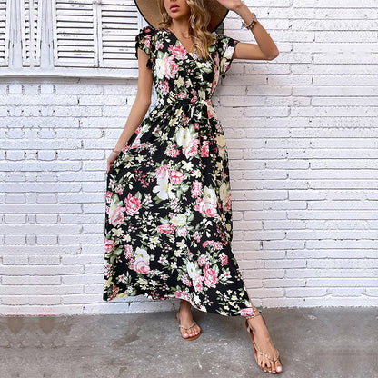 Damen Maxikleid mit floralem Muster, Schlitz und taillierbarem Gürtel