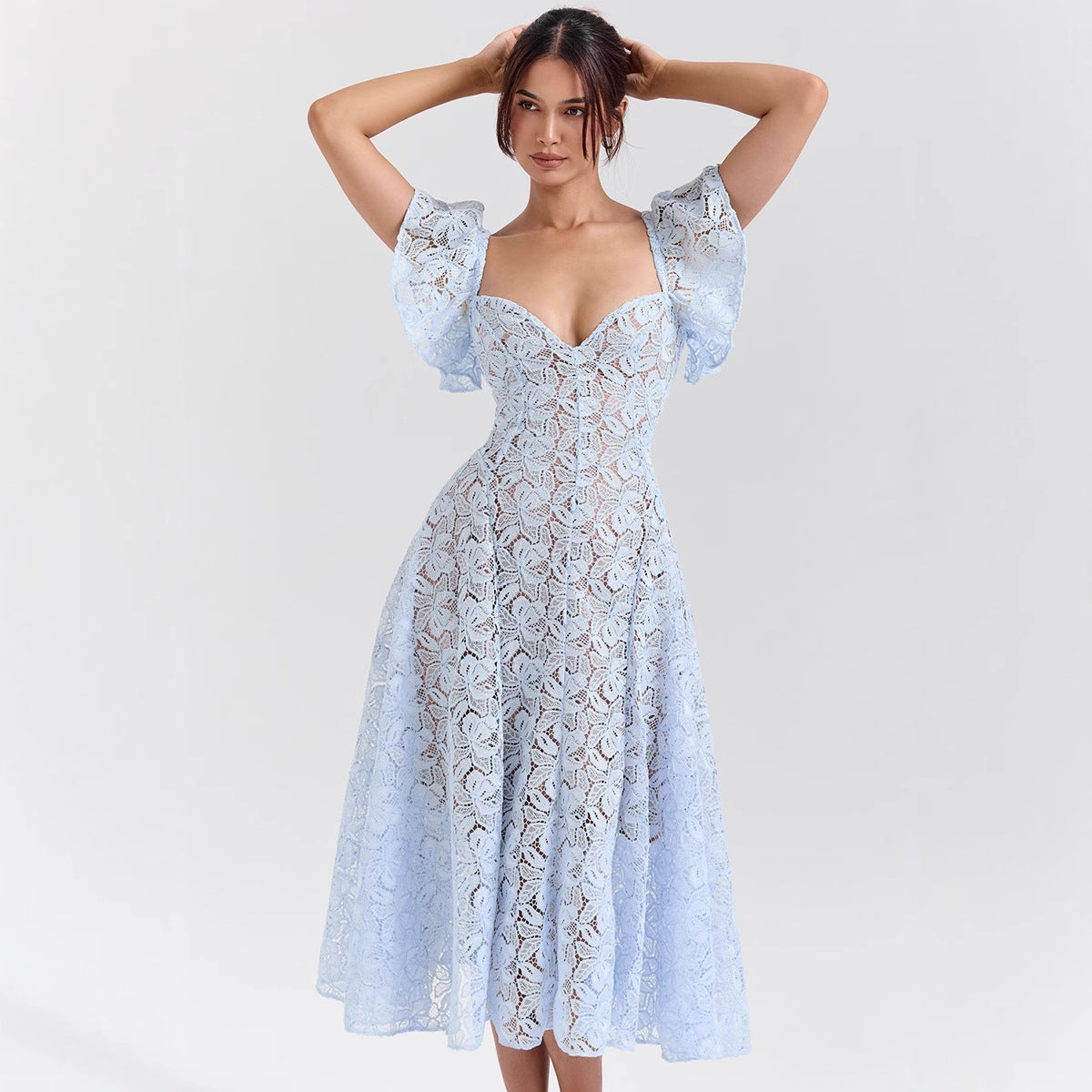 Damen Maxikleid Spitze Rüschen Herzausschnitt