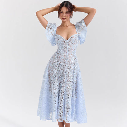 Damen Maxikleid Spitze Rüschen Herzausschnitt